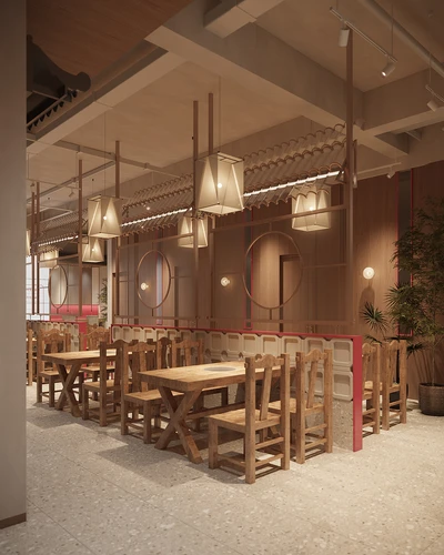 新中式国潮餐饮大厅卡座