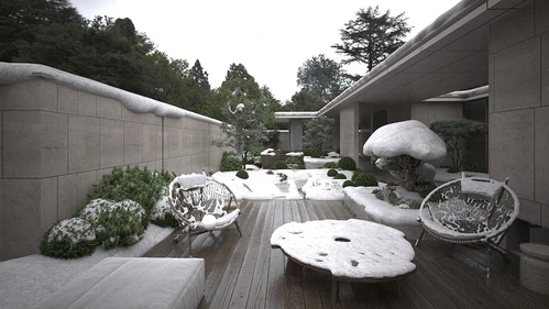 现代别墅庭院花园雪景3d模型