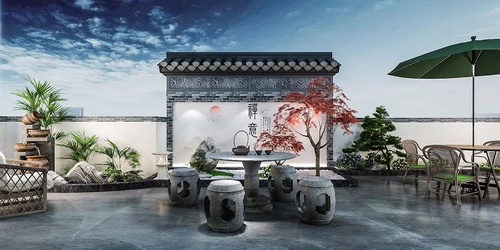 新中式庭院露台3d模型
