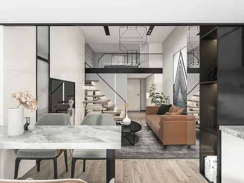 现代复式公寓客厅餐厅3d模型