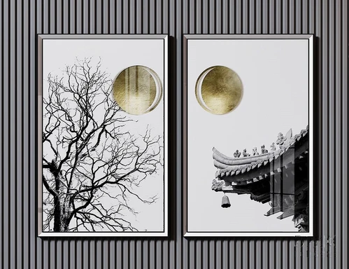 新中式建筑树枝挂画