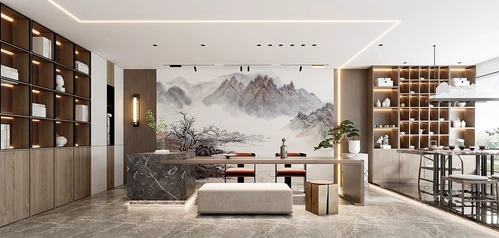 新中式中岛餐厅茶室3d模型