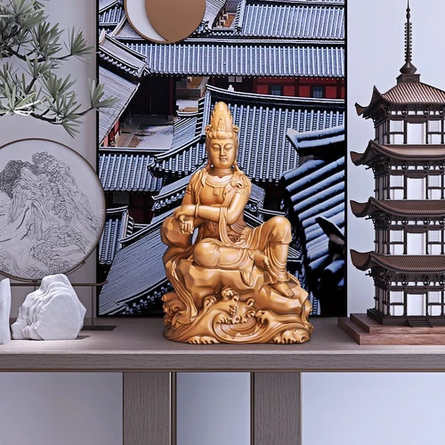 新中式踏浪卧石观音佛像雕塑装饰品摆件