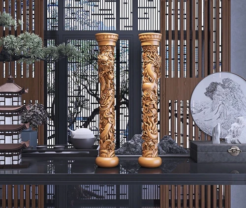 新中式莲花底座龙戏珠柱雕塑陈设摆件