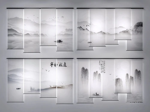 新中式山水窗帘拉帘3d模型