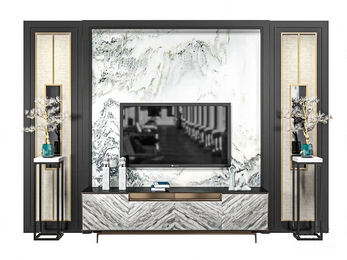 新中式电视背景墙3d模型
