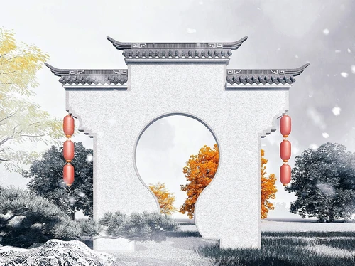 中式园林景观墙月洞门