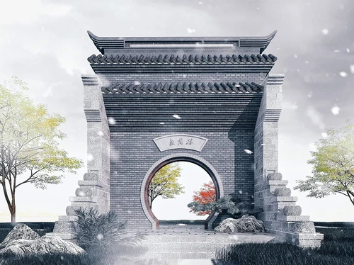 中式古建月洞门庭院入口