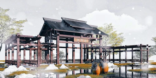 中式古建长廊景观亭