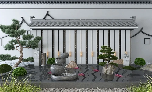 新中式流水松树灌木水景小品