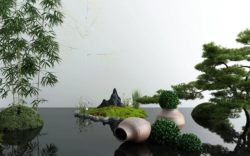 新中式松树翠竹水景小品