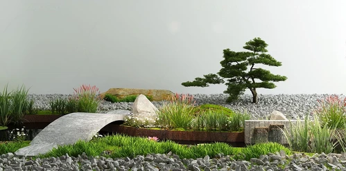 新中式松树花草景观小品
