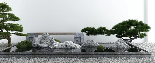 新中式松树山石水景小品