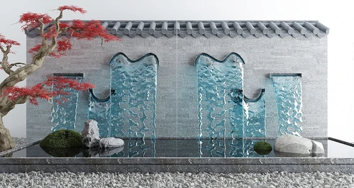 新中式瀑布水景小品