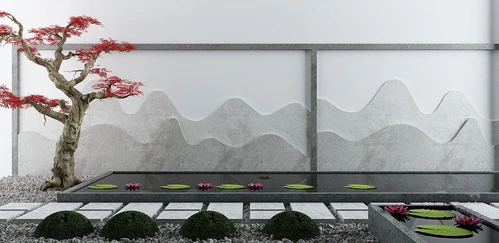 新中式红枫树荷花荷叶水景小品