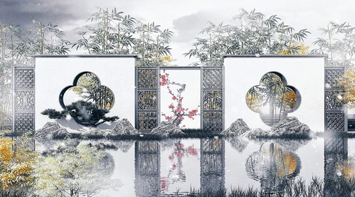 新中式梅花门景观墙