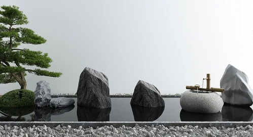 新中式石头松树水景小品