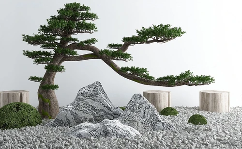 新中式山石松树景观小品