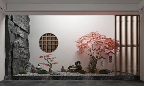 新中式红枫树假山景观小品