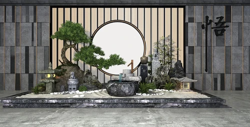 新中式松树假山流水景观小品