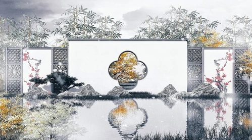 新中式梅花门景观墙