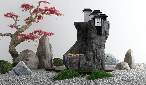 新中式假山房屋景观小品