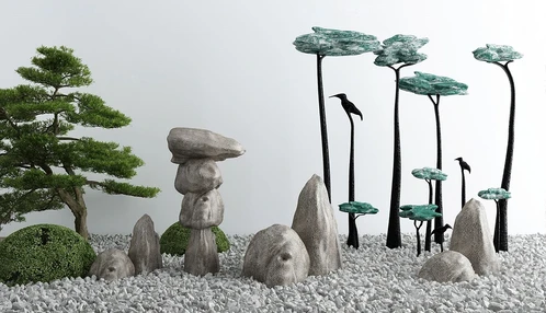 新中式山石松树景观小品