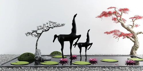 新中式红枫树水景莲花景观小品