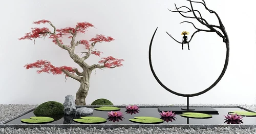 新中式红枫荷花池水景小品