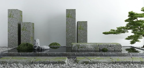 新中式松树山石水景小品