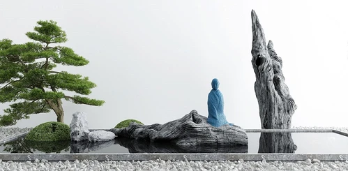 新中式假山松树佛像水景小品