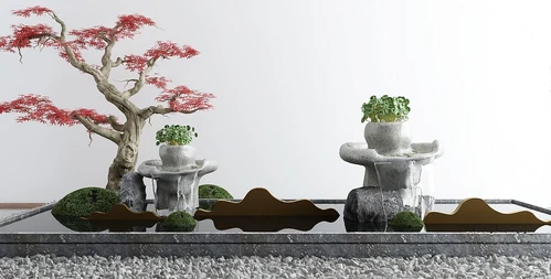 新中式红枫树水景景观小品