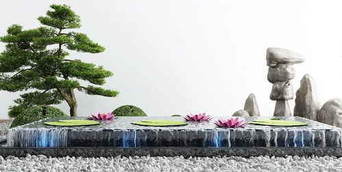 新中式松树水景莲花景观小品