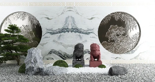 新中式松树石狮景观小品