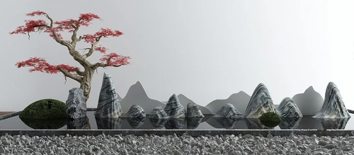 新中式红枫山石水景小品