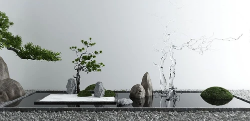 新中式松树山石水景小品