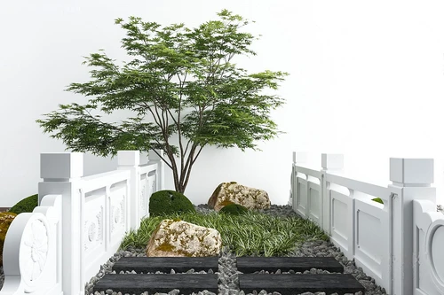 新中式石桥绿植石头小品