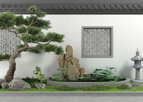 新中式松树荷花池水景小品