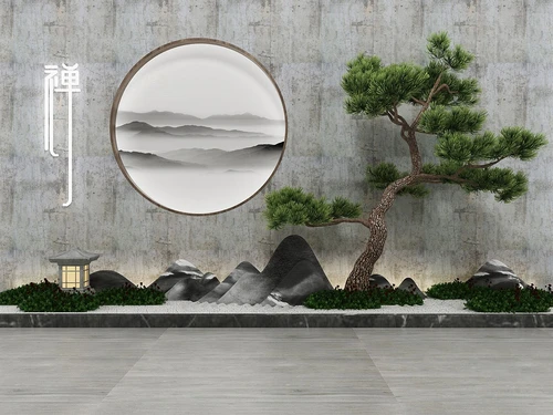 新中式禅意松树假山景观小品