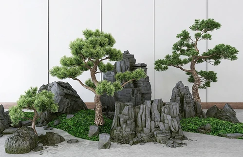 新中式假山松树景观小品