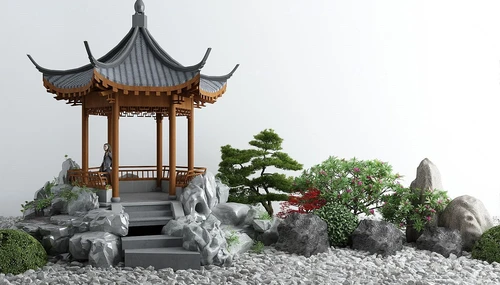 新中式凉亭石头灌木景观小品