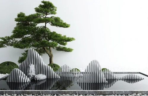 新中式松树山石水景小品