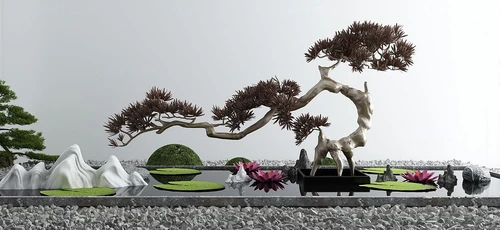 新中式松树荷花荷叶水景小品