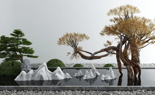 新中式山石松树水景小品