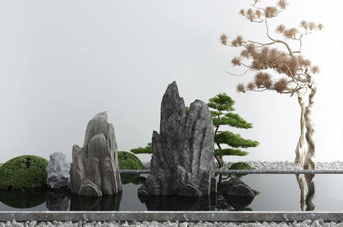 新中式松树山石水景小品