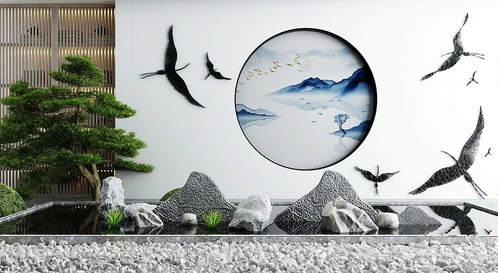 新中式松树石头水景小品