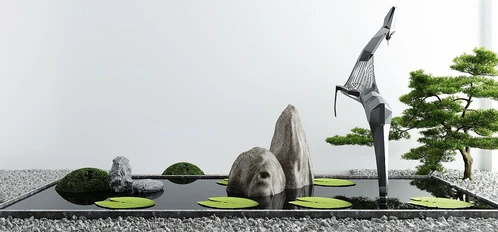 新中式鹿雕塑荷叶水景小品