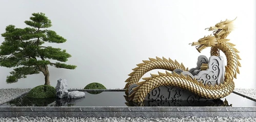 新中式龙雕塑喷泉松树水景小品