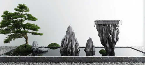 新中式松树山石水景小品