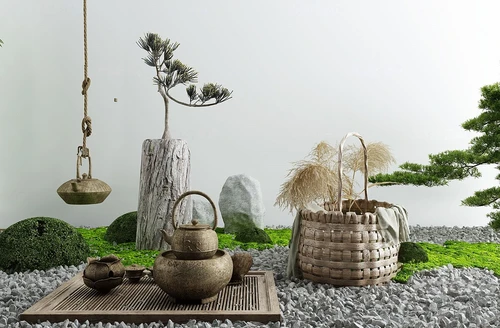 新中式茶具松树景观小品